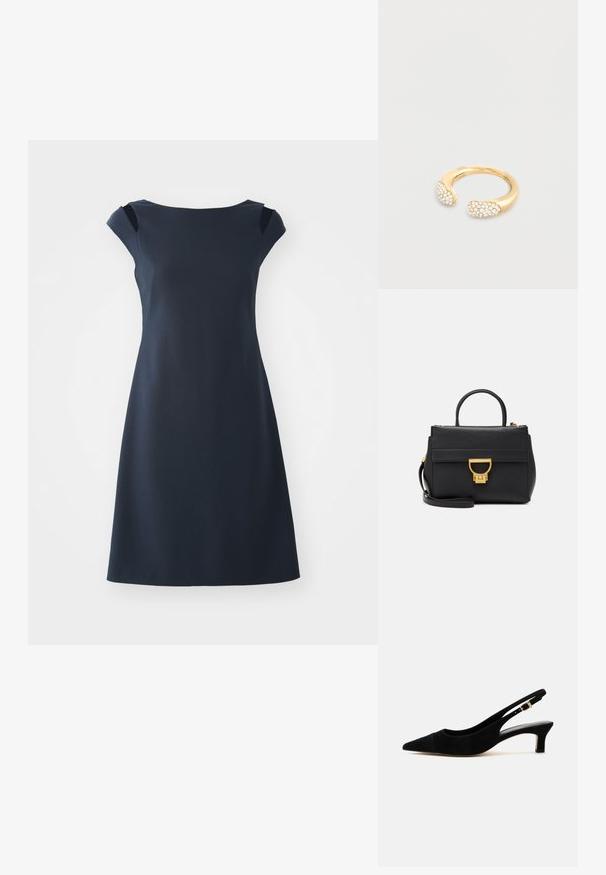 Mørkeblå ærmeløs kjole med rund hals, tætsiddende overdel og udvidet nederdel. Glat stof med subtil glans og elegant silhuet.; Sort ruskind slingback-pumps med spids tå, 5 cm kitten hæl og guldbeslag på den justerbare hælrem.; Sort læder håndtaske med guldfarvet hardware, struktureret design, topskænk, aftagelig skulderrem og en forlomma med spænde lukning.; Guld åben ring med to afrundede ender, hver indlagt med små hvide ædelstene, på en ensartet lysegrå baggrund.