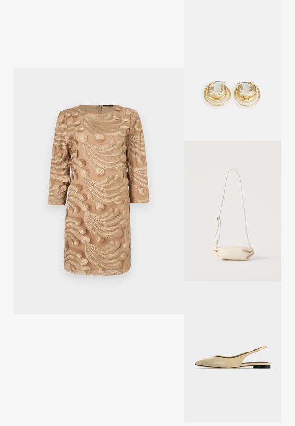 Beige kjole med trekvartærmer, prydet med detaljeret guldbroderi i et svungent bladmønster. Lynlås i ryggen, glat tekstur.; Beige spids tå slingback flad sko med lav sort hæl og en glat læderfinish, vist fra siden på en ensfarvet baggrund.; Lille beige læder crossbody taske med justerbar rem, vist mod en ensfarvet lys baggrund.; Guldtonede hoops øreringe med lagdelte cirkulære designs; poleret overflade; lukket hængsel hardware for sikker lukning.