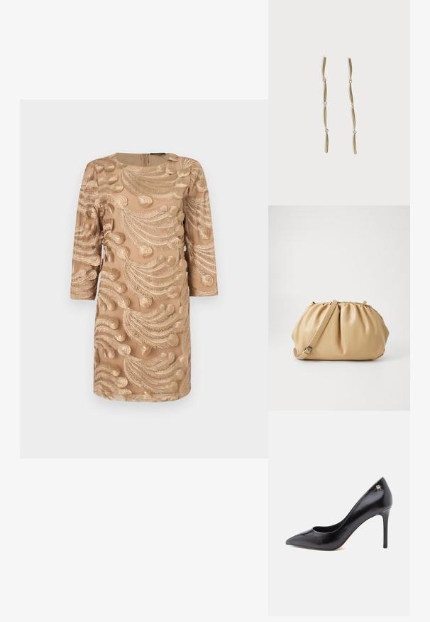Beige jurk met driekwart mouwen, voorzien van ingewikkelde gouden borduursels in een spiraalvormig bladerenpatroon. Rits aan de achterkant, gladde textuur.; Zwarte leren pump met hoge hak en spitse neus, voorzien van een uitsnijdingsontwerp en een klein gouden logo-accent op de hak.; Tan leren handtas met een geplooid ontwerp, verstelbare schouderriem en een ronde vorm. Minimalistische branding op het vooroppervlak.; Lange gouden oorbellen bestaande uit vier verlengde gekoppelde gebogen staven op een witte achtergrond.