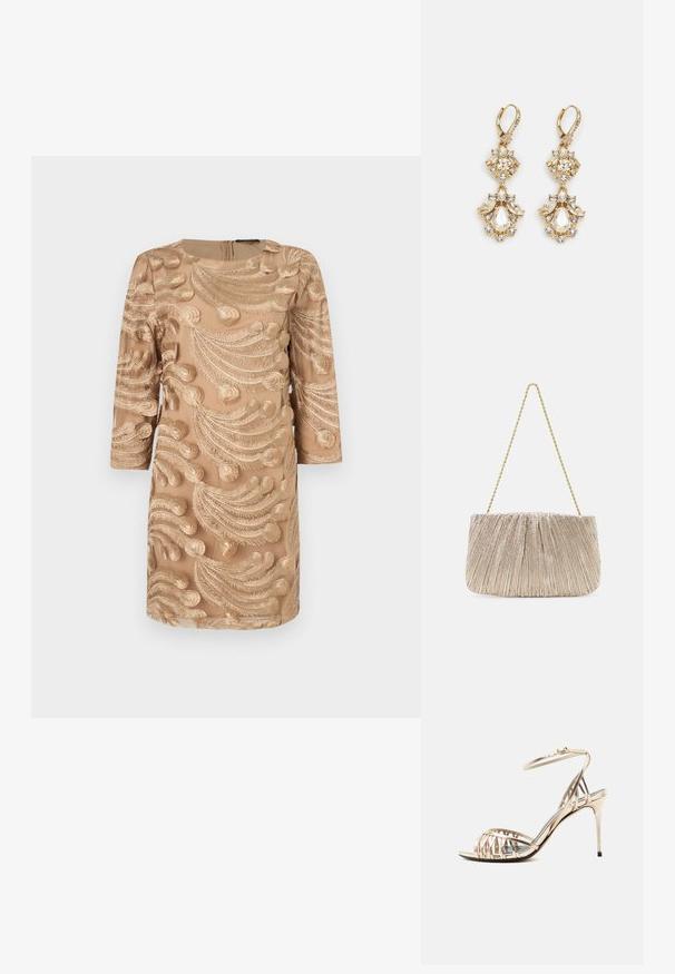 Beige jurk met driekwart mouwen, voorzien van ingewikkelde gouden borduursels in een spiraalvormig bladerenpatroon. Rits aan de achterkant, gladde textuur.; Gouden sandalen met hoge hakken en enkelbandje, met stilettohak, weergegeven in zijaanzicht tegen een witte achtergrond.; Plooitjes metallic stoffen handtas met een gouden kettinghengsel, zachte rechthoekige vorm, lichtbeige kleur, gestructureerd oppervlak en gathered details.; Gouden hangoorbellen met een clusterontwerp, versierd met ronde en druppelvormige heldere kristallen, die zich kenmerken door ingewikkelde details.
