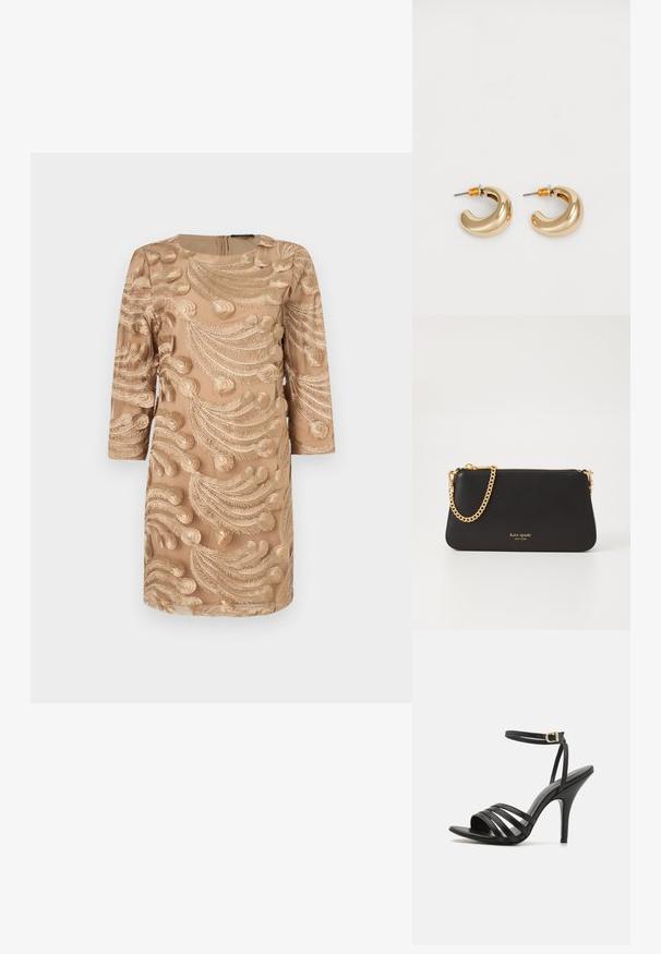 Beige jurk met driekwart mouwen, voorzien van ingewikkelde gouden borduursels in een spiraalvormig bladerenpatroon. Rits aan de achterkant, gladde textuur.; Zwarte strappy hoge hak sandaal met een slanke enkelband, open teen en een gladde afwerking. Heeft een slanke hak en een gestructureerd bandontwerp.; Zwarte leren clutch met een gouden kettinghengsel. Heeft een ritssluiting en een in reliëf gedrukt merknaam in goud aan de voorkant. Glad textuur, rechthoekige vorm.; Twee glanzende gouden hoepel oorbellen in een gebogen ontwerp, met oranje accenten bij de oorpost, tegen een eenvoudige witte achtergrond.