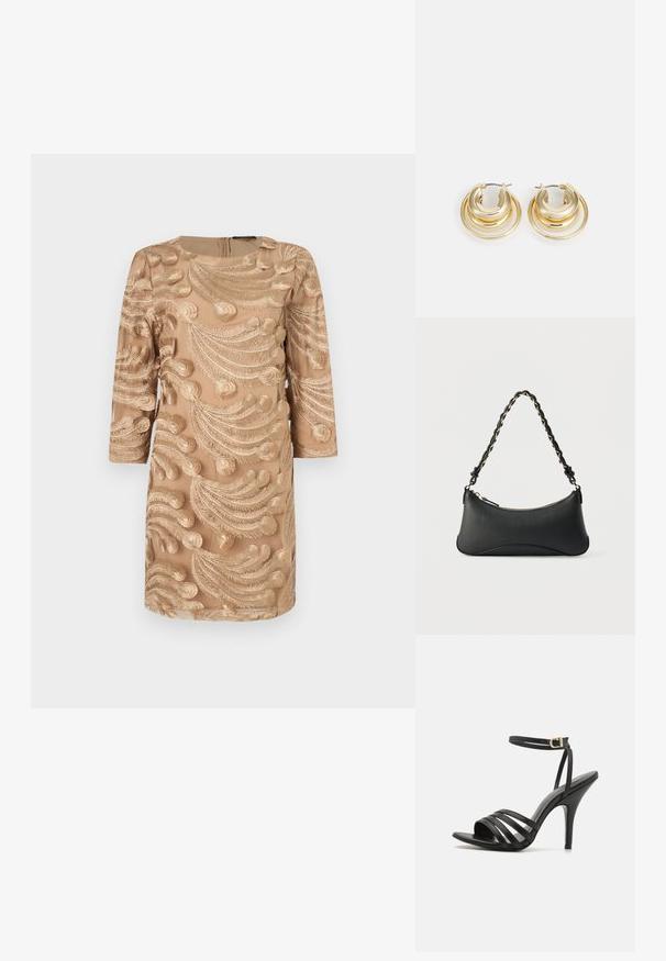 Beige kjole med trekvartærmer, prydet med detaljeret guldbroderi i et svungent bladmønster. Lynlås i ryggen, glat tekstur.; Sort stiletto sandal med remme, en slank ankelrem, åben tå og en glat finish. Har en slank hæl og et tekstureret remdesign.; Sort skuldertaske i læder med en buet rektangulær form, gyldent kæde vævet ind i en flettet sort rem og toplynlås.; Guldtonede hoops øreringe med lagdelte cirkulære designs; poleret overflade; lukket hængsel hardware for sikker lukning.