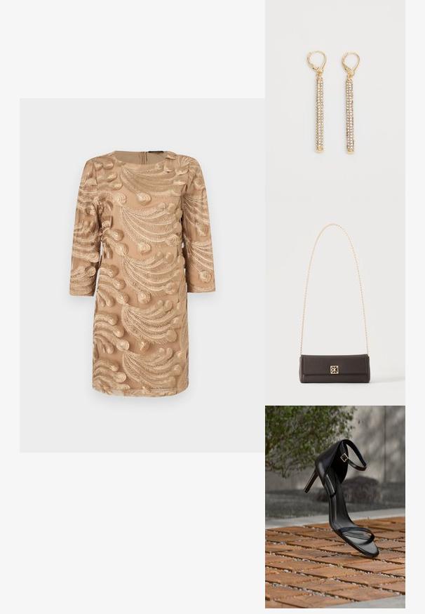 Beige jurk met driekwart mouwen, voorzien van ingewikkelde gouden borduursels in een spiraalvormig bladerenpatroon. Rits aan de achterkant, gladde textuur.; Zwarte hoge hak sandaal met enkelbandje zweeft boven een houten tegelvloer buiten, met een onscherpe groene en stenen achtergrond.; Rechthoekige donkerbruine leren handtas met gouden kettingriem en een kleine vierkante gouden sluiting aan de voorkant in het midden.; Gouden oorbellen met lange, slanke stangen versierd met kleine heldere rhinestones. Met een veersluiting aan de bovenkant voor een veilige draagervaring.