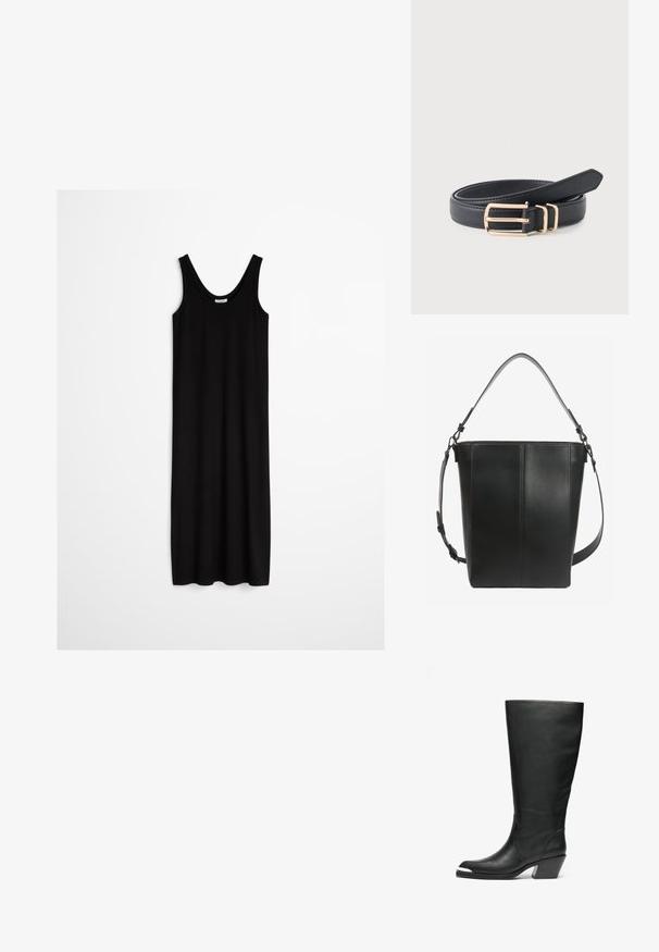 Robe maxi noire sans manches avec encolure dégagée et coupe droite ample, suspendue devant un fond clair uni.; Bottes noires en cuir hautes avec une pointe fermée et un design découpé. Elles présentent un talon épais et une texture lisse. Les détails sur les panneaux latéraux sont remarquables.; Sac seau en cuir noir avec deux bretelles réglables et des détails de couture minimalistes sur un fond uni.; Ceinture en cuir noir enroulée avec une boucle rectangulaire dorée et deux passants assortis en or sur un fond clair.