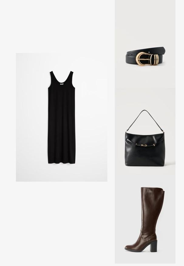 Robe maxi noire sans manches avec encolure dégagée et coupe droite ample, suspendue devant un fond clair uni.; Botte en cuir marron foncé, arrivant jusqu'au genou, avec un bout arrondi et un talon bloc, au fini lisse et avec un panneau élastique à l'arrière.; Sac à épaule en cuir noir avec une bandoulière unique et un petit détail de boucle dorée à l'avant, sur un fond clair uni.; Ceinture en cuir noir roulée avec boucle en métal doré brillant et trois passants dorés sur fond blanc uni.
