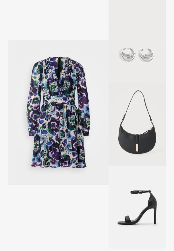 Robe colorée avec un décolleté en V, des manches longues et une taille ajustée. Motif floral violet, vert et bleu sur un fond clair.; Sandale noire à talons hauts au design épuré, avec une bride au niveau de la cheville, un bout ouvert et une texture en cuir lisse.; Sac à main noir en forme de croissant avec une bandoulière unique, une fermeture éclair dorée et une languette décorative rectangulaire dorée à l'avant.; Paire de boucles d'oreilles anneaux en argent poli avec un design de barre incurvée superposée sur un fond clair uni.