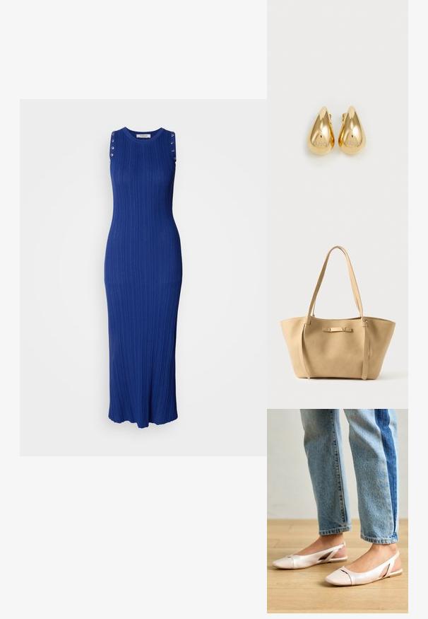 Mouwloze maxi-jurk van geribde brei stof, heldere blauwe kleur, met metalen knoop accenten op de schouderbanden en een uitlopende zoom.; Zachtroze slingback ballerina's met een spitse neus, gemaakt van een glad leerachtig materiaal. Bevat uitsnijdingen aan de zijkanten en heeft een platte hak.; Beige leren totebag met twee lange riemen, gladde textuur en een subtiel metalen accent aan de voorkant. Open ontwerp aan de bovenkant, ruim interieur.; Gouden metalen oorbellen in de vorm van een druppel, met een glanzend, glad oppervlak en gegraveerd "LIU JO" logo aan de ene zijde.