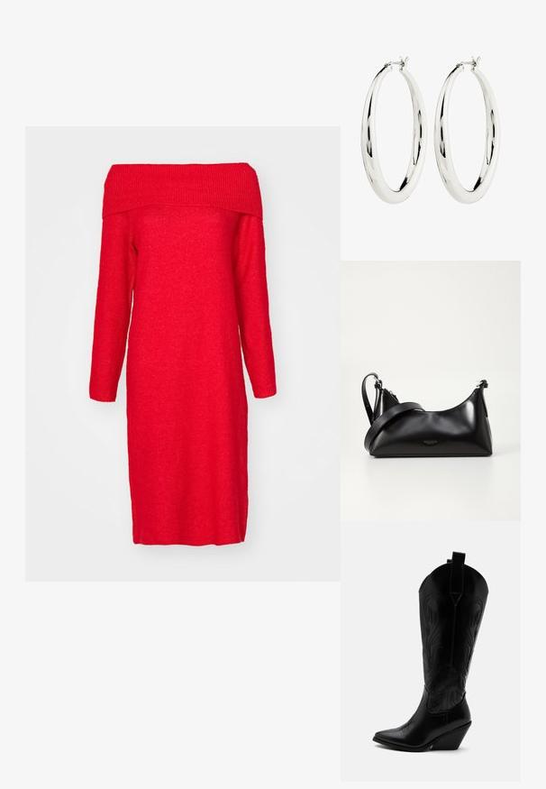 Rotes, schulterfreies Strickkleid mit langen Ärmeln, ausgestattet mit einem gerippten Ausschnitt und einer geraden Silhouette. Weicher Stoff und knielang.; Schwarzer Leder-Cowboystiefel mit spitzer Zehe, schrägem Blockabsatz, dekorativer Naht und Zuglaschen oben vor weißem Hintergrund.; Schwarze lederne Handtasche mit glatter Textur. Verfügt über einen verstellbaren Riemen und ein elegantes, minimalistisches Design mit einem Reißverschluss.; Silberne Creolen mit einer glatten, reflektierenden Oberfläche. Runde, große Form mit einem sicheren Verschluss an der Oberseite. Polierte Oberfläche betont den Glanz.