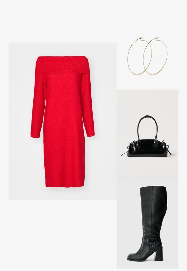Rotes, schulterfreies Strickkleid mit langen Ärmeln, ausgestattet mit einem gerippten Ausschnitt und einer geraden Silhouette. Weicher Stoff und knielang.; Knöchelhöhe schwarze Lederstiefel mit quadratischer Spitze, breitem Absatz und einem dekorativen Riemen mit metallischen Akzenten um den Knöchel. Glatte Textur.; Kleine schwarze glänzende Handtasche mit zwei langen Griffen und seitlichen Kordelzug-Details vor einfachem hellem Hintergrund.; Pilgrim Ohrringe - gold-coloured