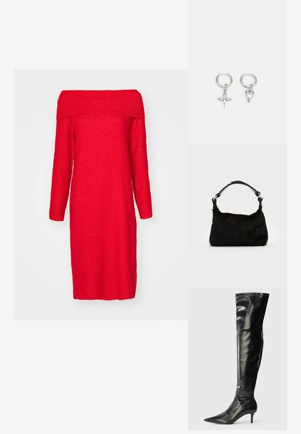 Robe tricotée rouge, décolletée sur les épaules, avec des manches longues, présentant un col côtelé et une silhouette droite. Texture douce et longueur au genou.; Bottes en cuir noir montantes, avec une finition brillante, un bout pointu et un talon aiguille mince. Présentent un haut ajusté avec des détails de couture.; Sac à main en fausse fourrure noire avec une texture douce, une forme arrondie et une bandoulière en cuir noir robuste. Accent en métal argenté visible.; Boucles d'oreilles en argent en forme de cerceau avec un charme croix et cœur. Texture lisse et brillante avec une finition polie. Chaque charmepend d'une boucle sécurisée.