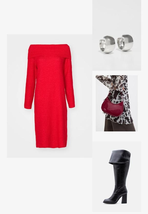Rotes, schulterfreies Strickkleid mit langen Ärmeln, ausgestattet mit einem gerippten Ausschnitt und einer geraden Silhouette. Weicher Stoff und knielang.; Hoher schwarzer Lederstiefel mit Absatz, umgeschlagenem Umschlag und abgerundetem Zehenbereich, steht aufrecht auf weißem Hintergrund.; Frau trägt eine schwarz-weiß gemusterte Bluse und hält eine glänzende rote Schultertasche vor einem einfarbigen Hintergrund.; Uncommon Matters SCULPTURAL LARGE CREOLE - Ohrringe - silver-coloured