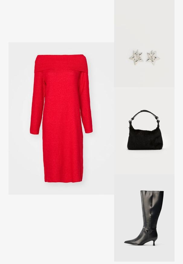 Rotes, schulterfreies Strickkleid mit langen Ärmeln, ausgestattet mit einem gerippten Ausschnitt und einer geraden Silhouette. Weicher Stoff und knielang.; Schwarzer kniehoher Lederstiefel mit spitzer Zehenpartie und niedrigem Kittenabsatz, präsentiert vor einem schlichten hellen Hintergrund.; Schwarze Kunstfell-Handtasche mit weicher Textur, runder Form und einem stabilen schwarzen Leder-Schulterriemen. Sichtbare silberne Hardware-Akzente.; Silberne, sternförmige Creolen mit einer glatten, polierten Oberfläche auf weißem, schlichtem Hintergrund.
