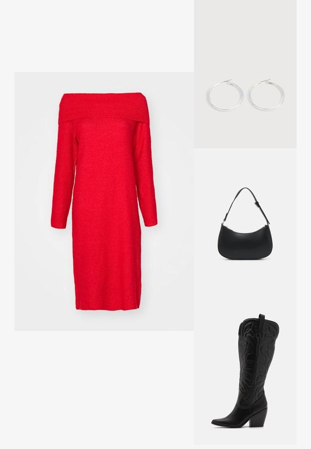 Robe tricotée rouge, décolletée sur les épaules, avec des manches longues, présentant un col côtelé et une silhouette droite. Texture douce et longueur au genou.; Bottes hautes en cuir noir jusqu'aux genoux avec bout pointu et talon empilé. Caractéristiques de coutures décoratives et éléments de design courbés.; Pieces PCALUANA SHOULDER BAG - Sac à main - black; Paire de boucles d'oreilles créoles argentées brillantes avec fermoirs en fil fin, présentée sur un fond gris clair.