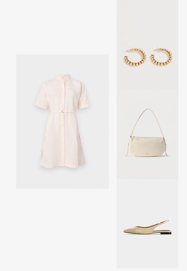Robe courte rose clair à manches courtes, longueur genou, col montant, fermeture à boutons devant et ceinture fine à la taille.; Chaussure plate beige à bout pointu avec bride arrière, petit talon noir et finition en cuir lisse, vue de côté sur un fond uni.; Petit sac à épaule de couleur crème avec une seule sangle, fermeture éclair et logo de marque doré discret à l'avant.; Paire de boucles d’oreilles créoles dorées avec des détails de perles arrondies le long du bord extérieur sur un fond clair.