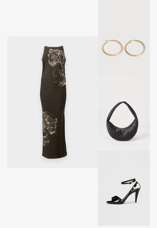 Robe noire longue et ajustée avec une coupe sans manches, mettant en avant des illustrations de tigres blancs et des lignes fluides sur un côté. Texture lisse.; Sandale à talon haut en cuir verni noir avec double bride de cheville et boucles dorées, bout ouvert, et talon effilé sur fond neutre.; Sac à main en satin noir avec une forme courbée, doté d'une fermeture à glissière et d'un logo triangulaire en métal à l'avant. Texture lisse et design épuré.; Paire de boucles d'oreilles créoles en or lisse et brillant avec des tiges fines et des fermoirs à charnière sur un fond clair uni.