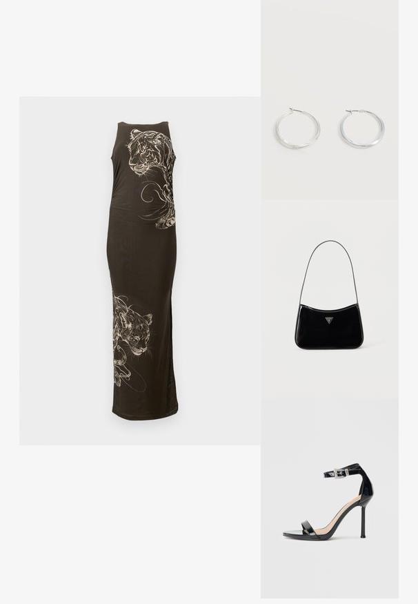 Robe noire longue et ajustée avec une coupe sans manches, mettant en avant des illustrations de tigres blancs et des lignes fluides sur un côté. Texture lisse.; Sandale à talon haut en cuir verni noir avec bride à la cheville. Présente un design minimaliste, un bout ouvert et une boucle ornée de strass.; Sac à bandoulière en cuir verni noir avec une sangle fine, logo triangulaire Guess sur le devant et une fermeture éclair supérieure.; Boucles d’oreilles créoles en métal argenté avec une surface lisse légèrement incurvée et des fermoirs à clapet sur un fond blanc uni.