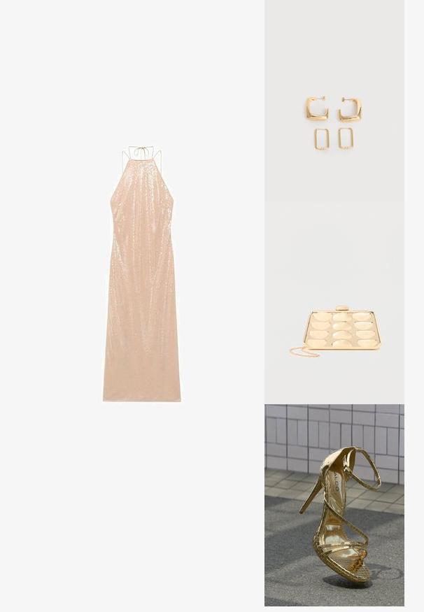 Vestido largo sin mangas en beige claro con cuello halter y lazo en la espalda. Cubierto de lentejuelas, con una silueta fluida y textura suave.; Sandalia de tacón alto dorada con acabado brillante tipo charol, tiras cruzadas, punta estrecha y tacón de aguja; detalle de superficie texturizada y en relieve.; Bolso de mano dorado con un patrón en relieve rectangular redondeado y una pequeña correa de cadena sobre un fondo liso.; Dos pares de pendientes de aro geométricos en tono dorado sobre una superficie blanca lisa, un par cuadrados y sólidos, un par rectangulares y huecos.