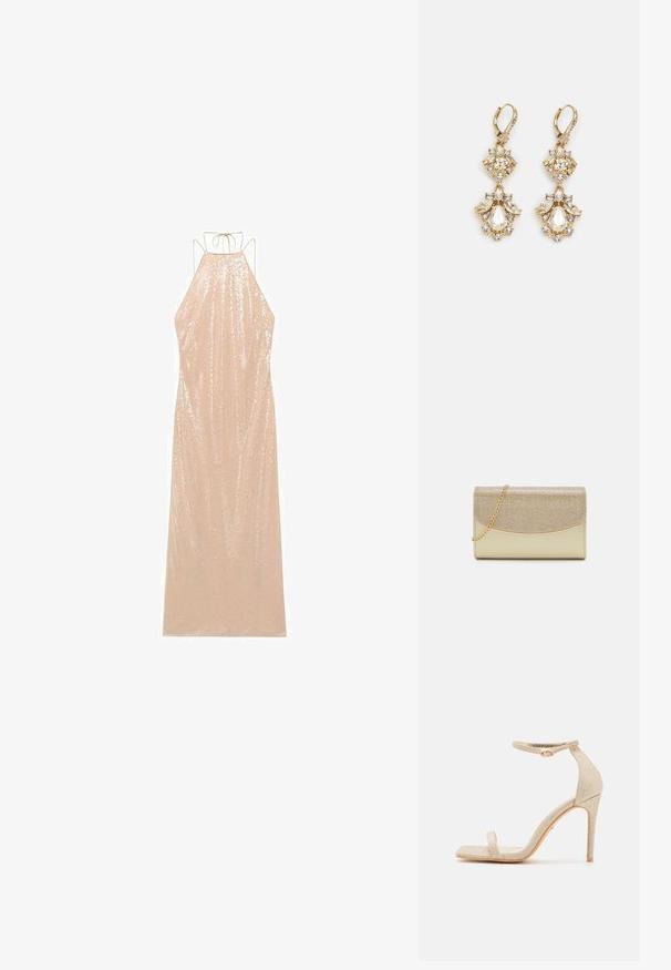 Vestido largo sin mangas en beige claro con cuello halter y lazo en la espalda. Cubierto de lentejuelas, con una silueta fluida y textura suave.; DeeZee Sandalias de tacón - gold; Clutch de noche en tono dorado con una solapa metálica texturizada y una cadena como asa. Material base liso con detalle de brillo geométrico en la parte superior.; Pendientes colgantes en tono dorado con un diseño de racimo que incluye cristales claros en forma redonda y de lágrima, mostrando un detallado intrincado.