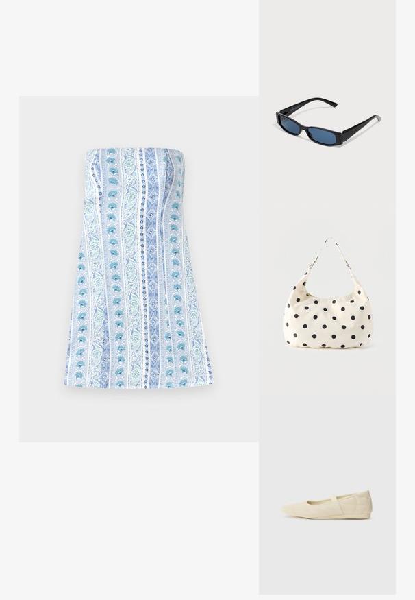Stropfri kjole i hvid med lodrette blå og grønne blomsterstriber, der har en glat tekstur og en tætsiddende bodice med en udvidet nederdel.; Lysebrune ballet flats med en glat læderoverflade, mandelformet tå og elastisk rem over vristen, med diskrete syninger.; Sorte solbriller med en slank rektangulær ramme og blå linser. Har en glat overflade og robuste stænger. Mærkets logo på siden.; Håndtaske i cremefarvet stof med sorte polkaprikker og en enkelt skulderrem, vist mod en ensfarvet hvid baggrund.