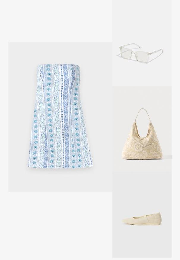 Stropfri kjole i hvid med lodrette blå og grønne blomsterstriber, der har en glat tekstur og en tætsiddende bodice med en udvidet nederdel.; Lysebrune ballet flats med en glat læderoverflade, mandelformet tå og elastisk rem over vristen, med diskrete syninger.; Klare plastiske briller med firkantet ramme og gennemsigtige linser, der har guld accenter på tempelstængerne for ekstra detaljer.; Kremfarvet stoftaske med hvidt blomsterhæklet mønster og en enkelt tynd skulderrem på ensfarvet baggrund.