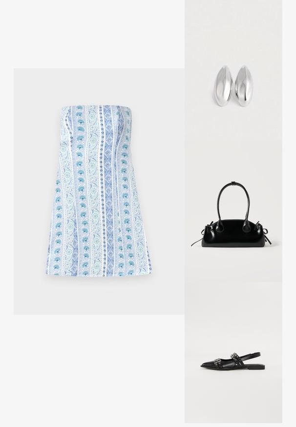 Stropfri kjole i hvid med lodrette blå og grønne blomsterstriber, der har en glat tekstur og en tætsiddende bodice med en udvidet nederdel.; Even&Odd by Zalando Slingback-ballerinasko - black; Lille sort blank håndtaske med to lange håndtag og snøre-detaljer i siden på en ensfarvet lys baggrund.; Et par glatte, skinnende sølvfarvede ovalformede genstande placeret side om side på en helt hvid baggrund.
