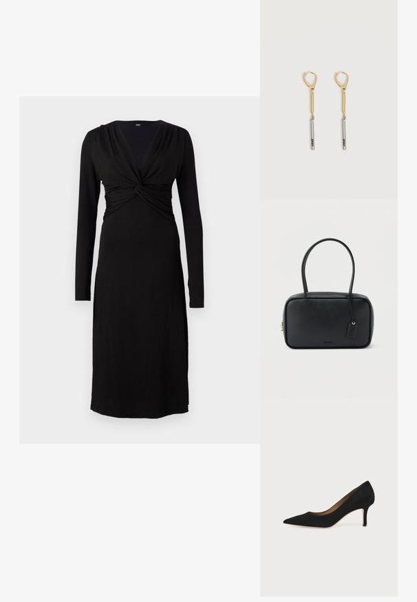 Robe noire à manches longues avec un décolleté en V profond et un détail de corsage torsadé. Conçue dans un tissu lisse et extensible pour le confort et l'ajustement.; Escarpin en daim noir à bout pointu avec un talon stiletto fin de hauteur moyenne et un design à coupe basse sur un fond uni.; Sac à main rectangulaire noir avec doubles poignées arrondies, fermeture éclair dorée et logo "HUGO" embossé sur le devant avec une étiquette en cuir attachée.; Boucles d'oreilles pendantes en or et argent avec fermoirs à levier, présentant une barre en or reliée à une barre en argent gravée "DKNY" sur un fond blanc.
