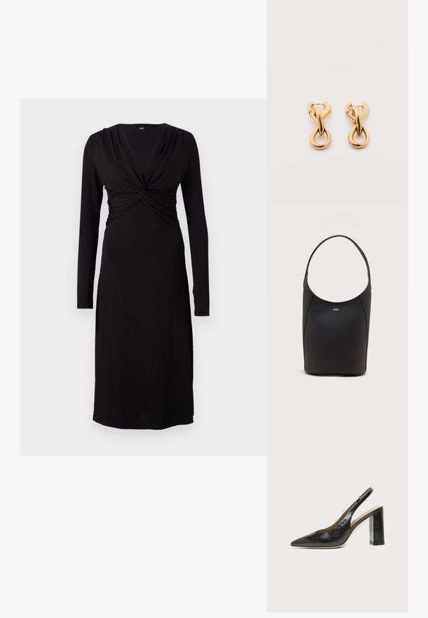 Robe noire à manches longues avec un décolleté en V profond et un détail de corsage torsadé. Conçue dans un tissu lisse et extensible pour le confort et l'ajustement.; Chaussure slingback en cuir noir à bout pointu avec un talon bloc haut et une doublure intérieure beige sur un fond clair uni.; Sac seau en cuir noir avec une seule bandoulière et un petit logo BOSS doré centré près du haut à l'avant.; Paire de boucles d'oreilles créoles en bouclettes dorées brillantes sur fond blanc uni, présentant un design torsadé entrelacé.