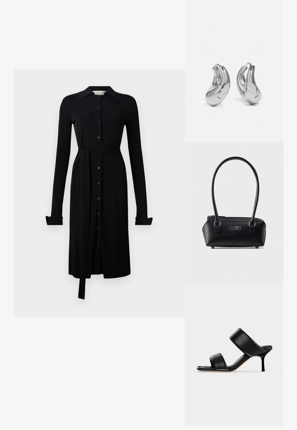 Robe noire à manches longues en tissu lisse, avec un devant à boutons, un col et une ceinture à la taille. Manches à boutons et ourlet au genou.; Sandale mule en cuir noir avec deux larges brides et un talon stiletto fin de hauteur moyenne sur un fond clair uni.; Sac à main rectangulaire noir en cuir avec doubles poignées arrondies, fermeture éclair sur le dessus et logo numérique blanc centré à l'avant.; Boucles d'oreilles en argent en forme de créoles avec une finition incurvée et brillante, et un design sans couture. Équipées d'une fermeture à charnière pour un port sécurisé.