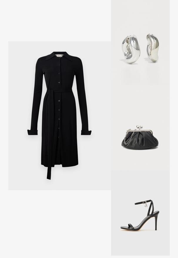 Robe noire à manches longues en tissu lisse, avec un devant à boutons, un col et une ceinture à la taille. Manches à boutons et ourlet au genou.; Sandale à talon haut noire avec une bride étroite à la cheville, bout carré, cuir lisse et accent de boucle métallique.; Porte-monnaie en cuir noir avec texture froncée, cadre en métal argenté, fermeture à verrouillage kiss-lock et bandoulière en chaîne. Surface lisse et douce.; Boucles d'oreilles sculpturales en argent avec des formes douces et courbes et des surfaces réfléchissantes. Présentent un design de boucle fermée et une forme organique distincte.