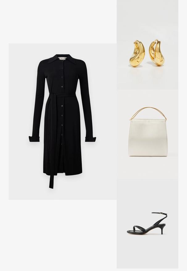 Robe noire à manches longues en tissu lisse, avec un devant à boutons, un col et une ceinture à la taille. Manches à boutons et ourlet au genou.; Sandale pour femme en cuir noir avec fines lanières, une boucle d'orteil, une boucle à la cheville et un talon aiguille de hauteur moyenne sur un fond neutre.; Sac à main structuré en finition satinée, de couleur crème, avec une bandoulière chaîne. Présente une texture plate et lisse ainsi que des coutures nettes.; Boucles d'oreilles en or en forme de d'anneaux lisses et courbés avec une finition polie. Équipées d'un mécanisme de fermeture et de légères indentations pour le détail.
