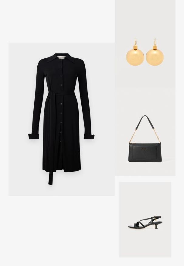 Robe noire à manches longues en tissu lisse, avec un devant à boutons, un col et une ceinture à la taille. Manches à boutons et ourlet au genou.; Sandale noire à talon kitten avec brides, bout carré, boucle à la cheville et un petit pendentif doré sur un fond clair uni.; Pochette en cuir noir avec une texture en relief, bandoulière en chaîne dorée et une poche avant. Elle arbore un logo doré sur le devant.; Paire de boucles d'oreilles boule de Noël dorées brillantes avec fermoirs à crochet sur fond blanc uni.