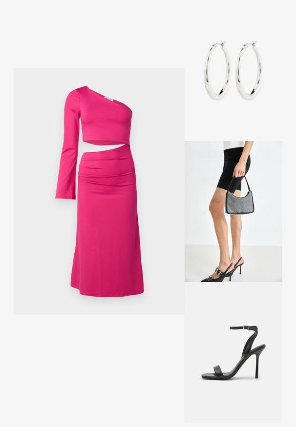 Tætsiddende pink kjole med én skulder, lange ærmer og en asymmetrisk udskæring i taljen. Glat, strækbart stof med let ruching.; Sort højhælet sandal med en slank ankelrem og to forreste bånd. Lavet af glat læder med en slank spids tå og stilettohæl.; Sort perlehandtaske med en buet silhuet, bærehåndtag og blank overflade. Båret med højhælede sorte sko og tætsiddende sorte shorts.; Sølvøreringe i form af hoops med en glat, blank finish. Cirkulær form, der har en sikker lås. Simpelt og elegant design.