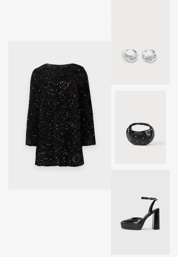 Robe noire à sequins avec un décolleté rond, des manches longues et une coupe décontractée. La surface a une apparence texturée grâce aux sequins.; Escarpins noirs à plateforme avec un bout pointu et une sangle réglable à la cheville. Conçus en cuir lisse, avec un large talon bloc.; Sac à main en cuir noir de forme arrondie, décoré de clous argentés et équipé d'une poignée courte. Texture lisse et fermeture éclair.; Paire de boucles d'oreilles anneaux en argent poli avec un design de barre incurvée superposée sur un fond clair uni.
