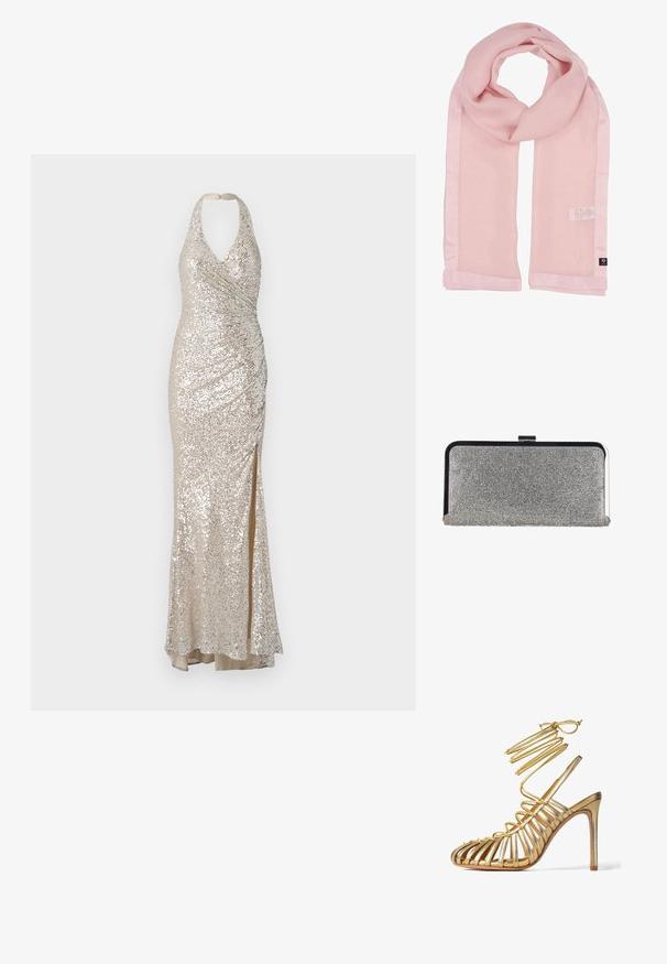 Halter neck glitrende kjole i beige, med en tætsiddende silhuet, sideslids og rynket detaljering for tekstur og visuelt interesse.; Guld høje hæle sandal med et stropdesign, der har tynde metalstropper og en slank stiletto-hæl. Glat, reflekterende tekstur.; Lyserød tørklæde lavet af blødt stof, med en glat overflade og satin-lignende kanter. Designet er enkelt uden mønstre. Etiketten er synlig i den ene ende.; Rektangulær sølv clutch-pung dækket med små rhinsten med en sort og sølv metalramme og låsebeslag.
