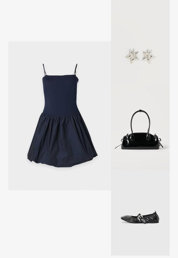 Vestido azul marino con un bodice ajustado y una falda acampanada con volantes. Hecho de una tela suave con tirantes de espagueti.; Zapato plano de piel negra con puntera afilada, detalle fruncido alrededor de la abertura y un acento de hebilla plateada en la correa ajustable.; Pequeño bolso negro brillante con dos asas largas y detalles de cordón lateral sobre un fondo claro liso.; Pendientes de aro plateados en forma de estrella con un acabado liso y pulido sobre un fondo blanco liso.