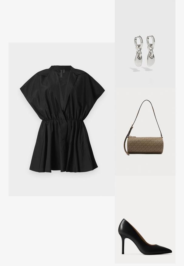 Schwarze Bluse mit kurzen Ärmeln, gerafftem Taillenbereich und plissierter unterer Partie. Hergestellt aus leichtem Stoff, mit einem eleganten, minimalistischen Design.; Schwarzer Lederpumps mit spitz zulaufender Vorderkappe und schlankem Stilettoabsatz mit glatter Oberfläche, seitlich auf einfarbigem Hintergrund gezeigt.; Braune zylindrische Michael Kors Handtasche mit sich wiederholendem MK-Logo-Muster und verstellbarem Schulterriemen auf weißem Hintergrund.; Silberne Creolen mit verlängerten ovalen Gliedern, die eine polierte Oberfläche und einen strukturierten Anhänger aufweisen. Einfaches Design mit glatten Kanten.