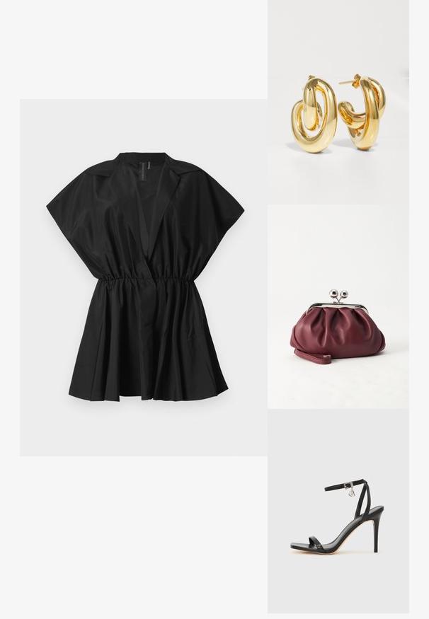 Sort bluse med korte ærmer, indsnævret talje og plisseret bund. Fremstillet i letvægtsstof, der har et strømlinet, minimalistisk design.; Sort hæl-sandal med smal ankrem, firkantet tå-boks, glat lædermateriale og metalspænde som pynt.; Lille bordeauxlæder clutch-pung med sølv metal lukning og håndledsrem på hvid baggrund.; Charlotte Chesnais BO INITIAL BLOW - Øreringe - gold-coloured