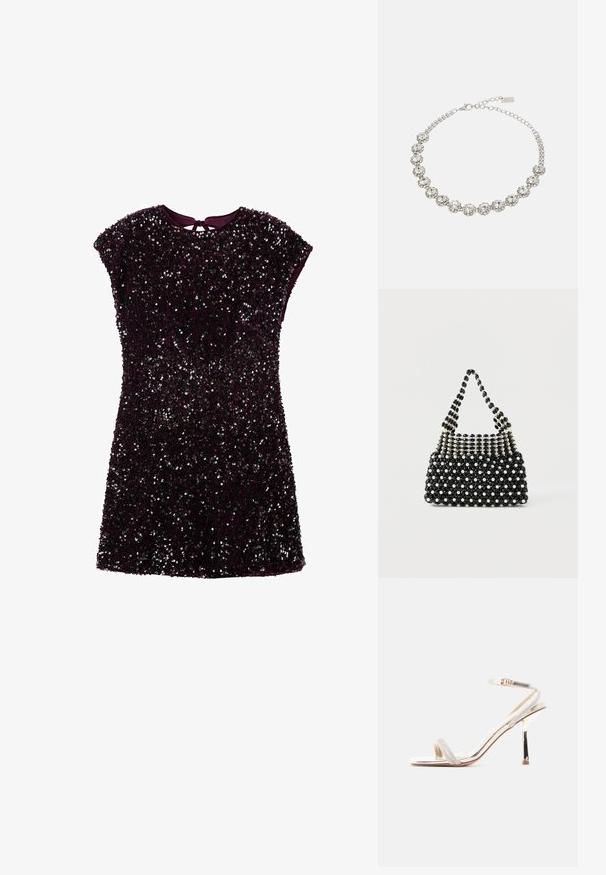 Vestido corto morado cubierto de lentejuelas, con mangas cortas y un detalle de abertura en la espalda. Tela suave con un efecto de brillo texturizado.; Sandalia de tacón alto con una fina correa sobre los dedos y una correa al tobillo con hebilla, con un acabado metálico y un tacón de aguja delgado.; Bolso de mano de cuentas en blanco y negro con un asa corta, que presenta cuentas alternas similares a perlas y cuentas negras facetadas en un patrón de tablero de ajedrez.; sweet deluxe NECKLACE CAROLIN - Collar - silver-coloured