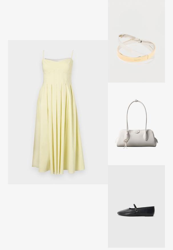Vestido amarillo plisado con tirantes de espagueti ajustables y un cuerpo ajustado, con una textura suave y falda fluida hasta la mitad de la pantorrilla.; Bailarinas de cuero negro con punta afilada, suela plana y una pequeña correa con detalle de hebilla plateada.; Bolso de hombro blanco de Calvin Klein con asas largas, forma rectangular, cierre de cremallera y charm decorativo con el logo colgando cerca del asa.; Pulseras metálicas pulidas entrelazadas en tonos plateados y dorados, una grabada con el logo "Calvin Klein", sobre un fondo blanco.