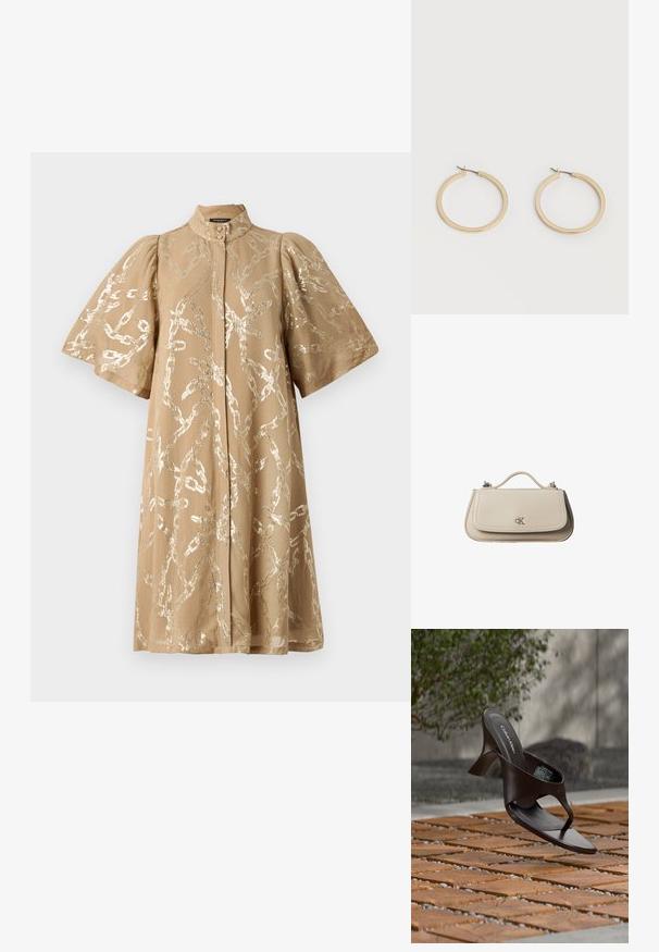 Beige kjole med korte puffærmer, dækket af et metallisk kædemønster. Har høj hals og knaplukning foran. Glat stoftekstur.; Brun Calvin Klein hælet thong sandal svævende over træflise og grus udendørs med sløret grønt og stenmur i baggrunden.; Lille beige læderhåndtaske med top håndtag og sølv CK-logo på frontklap, vist mod en hvid baggrund.; Par af glatte guldfarvede mellemstore øreringe med hængsellukning på en ensartet lys baggrund.