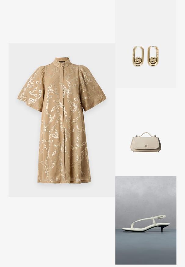 Vestido beige con mangas cortas abullonadas, cubierto con un patrón de cadena metálica. Presenta un cuello alto y cierre frontal de botones. Textura de tela suave.; Sandalia blanca de tacón kitten con tiras y punta afilada, flotando sobre un suelo de baldosas de madera al aire libre, con un fondo desenfocado de plantas y pared.; Pequeño bolso de mano de cuero beige con asa superior y logo plateado de CK en la solapa frontal, mostrado sobre un fondo blanco.; BOSS DOUBLE B SWING - Pendientes - gold-coloured
