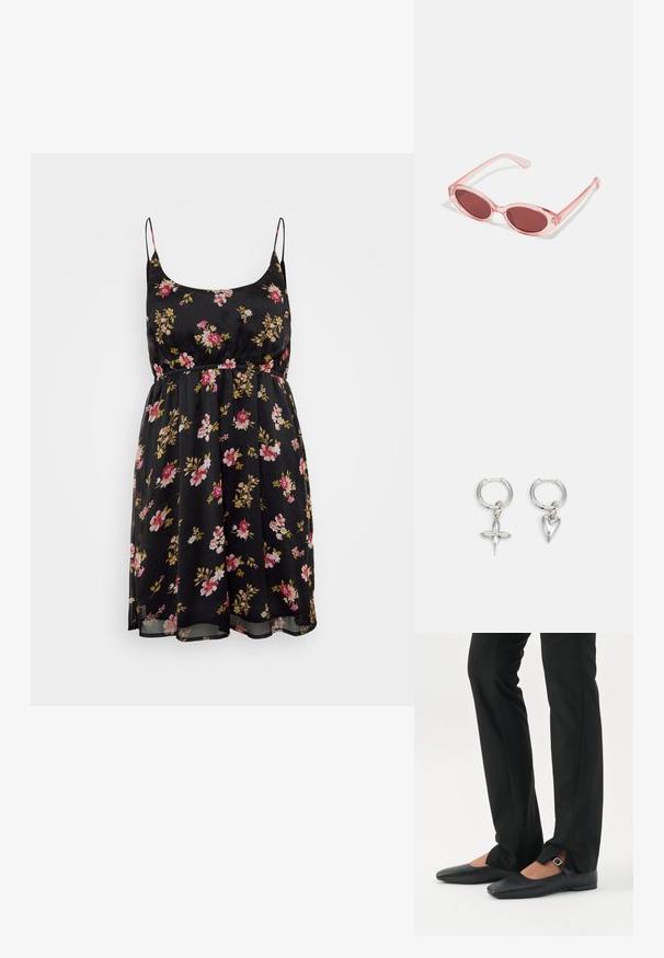 Schwarzes Blumenkleid mit dünnen Trägern, tailliertem Bund und fließendem Rock. Verziert mit rosa und gelben Blumen auf einem durchsichtigen Stoff. Sommertaugliches Design.; Beine in schwarzen schmalen Hosen mit vorderen Schlitzen am Saum, kombiniert mit schwarzen flachen Mary-Jane-Schuhen mit kleinem Schnallenriemen.; Pink transparente Sonnenbrille mit ovalen Gläsern, dunkler roter Tönung und schlanken Bügeln, ausgestattet mit einer glatten Oberfläche und dezenten Details am Rahmen.; Silberne Creolen mit einem Kreuz- und Herz-Anhänger. Glatte, glänzende Textur mit polierter Oberfläche. Jeder Anhänger hängt an einem sicheren Ring.
