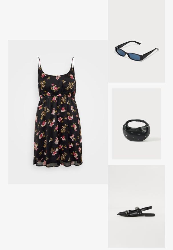Schwarzes Blumenkleid mit dünnen Trägern, tailliertem Bund und fließendem Rock. Verziert mit rosa und gelben Blumen auf einem durchsichtigen Stoff. Sommertaugliches Design.; Even&Odd Sling-Ballerina - black; Schwarze Sonnenbrille mit einem eleganten rechteckigen Rahmen und blauen Gläsern. Besitzt eine glatte Oberfläche und robuste Scharniere. Markenlogo an der Seite.; Schwarze Lederhandtasche mit abgerundeter Form, verziert mit silbernen Nietenakzenten und kurzem Griff. Glatte Struktur und Reißverschlussverschluss.