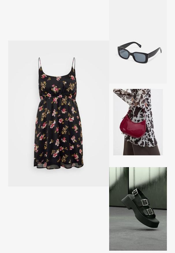 Sort blomsterkjole med tynde stropper, indsnævret talje og svajende skirt. Har pink og gule blomster på et gennemsigtigt stof. Somrende design.; Sort platformsandal med tre brede remme og sølvspænder, svævende over et gråt tæppe med sløret glasbaggrund.; Sorte rektangulære solbriller med mørkt tonede linser, tyk plastramme og brede stænger. Glat overflade og kantet design.; Kvinde iført en sort- og hvidmønstret bluse, der holder en blank rød skuldertaske mod en ensfarvet baggrund.