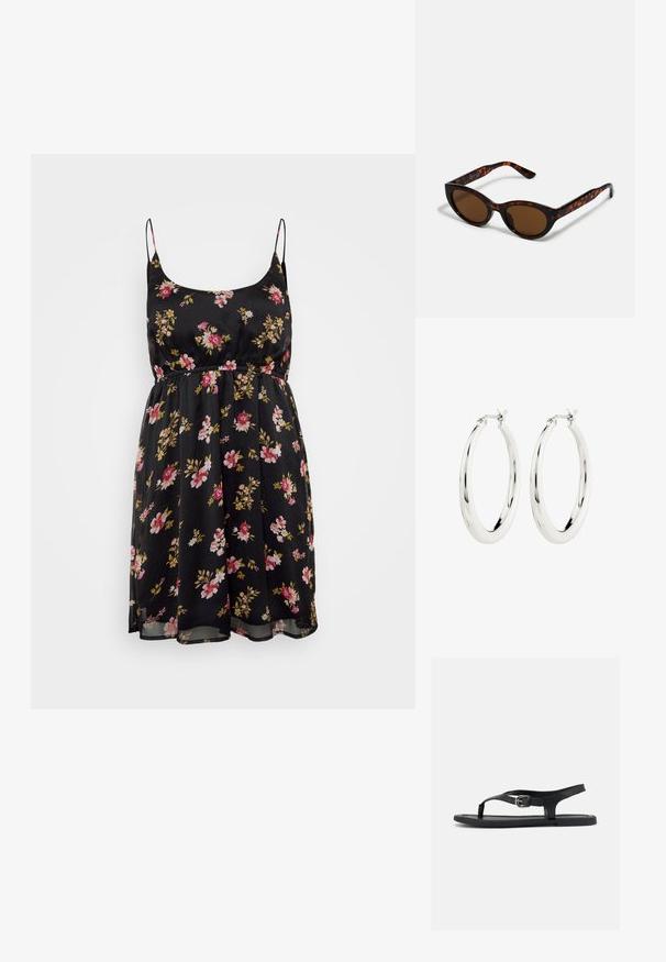 Sort blomsterkjole med tynde stropper, indsnævret talje og svajende skirt. Har pink og gule blomster på et gennemsigtigt stof. Somrende design.; Sort flad sandal med ankelrem, tæsepind og sølvspænde på glat sål, vist fra siden på hvid baggrund.; Brune skildpadde solbriller med en vintage katteøje-form og brune linser. Har buede arme med røde detaljer.; Sølvøreringe i form af hoops med en glat, blank finish. Cirkulær form, der har en sikker lås. Simpelt og elegant design.