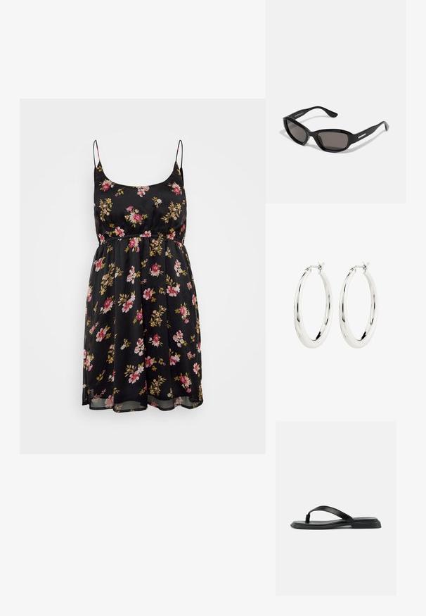 Vestido negro con flores, tirantes finos, cintura ajustada y falda fluida. Presenta flores rosas y amarillas sobre una tela transparente. Diseñado para el verano.; Sandalia plana negra tipo tanga con tira texturizada y tacón ligeramente elevado, mostrada de perfil sobre un fondo liso claro.; Gafas de sol negras con montura rectangular, lentes oscuros, material de plástico suave y un acento metálico en la patilla.; Pendientes de aro de plata con un acabado suave y brillante. Forma circular, con un cierre seguro. Diseño sencillo y elegante.
