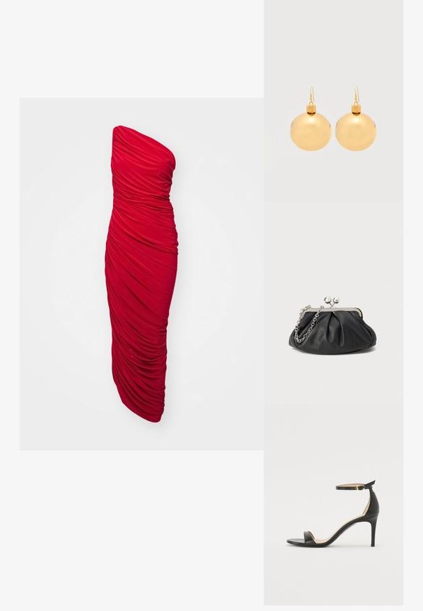 Červené, bezramienkové, bodycon šaty s riasenou tkaninou pre zvrásnenú textúru, dlhá dĺžka a elegantný silueta.; Čierne kožené sandále na vysokom podpätku s popruhom okolo členka. Vlastnosti hladkého povrchu, otvorenej špičky a tenkého podpätku. Detail zlatého spony.; Čierna kožená kabelka s vrúbkovou textúrou, strieborným kovovým rámom, uzáverom na pobozkanie a retiazkou na nosenie. Hladký, jemný povrch.; Pár lesklých zlatých náušníc vo forme vianočných gúľ s háčikovým zapínaním na bielom pozadí.