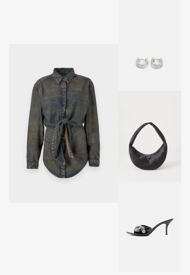 Denimskjorte i mørkeblå med en let falmet finish. Har en spids krave, knaplukning og en knyttet detalje i taljen.; Sort laklæder højt hælet mule med åben tå og dekorative sølvcharme inklusive en blomst og hængelås på frontstroppen.; Sort satin håndtaske med en buet form, der har en lynlåslukning og et trekantet logo i metal på forsiden. Glat tekstur og slankt design.; Guess STYLISH - Øreringe - silver-coloured