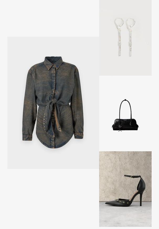 Denim overhemd in donkerblauw met een licht vervaagde afwerking. Heeft een puntkraag, knoopsluiting en een geknoopt detail bij de taille.; Zwarte leren pump met hoge hak, puntige neus, enkelbandje en goudkleurige versieringen over de wreef. Soepele textuur.; Zwarte schoudertas van leer met krokodillenstructuur, lange banden en een klein zilveren logohanger aan één band.; Zilveren hangende oorbellen met rechthoekige en ronde heldere kristallen in een verticale lijn, bevestigd met leverback-sluitingen.