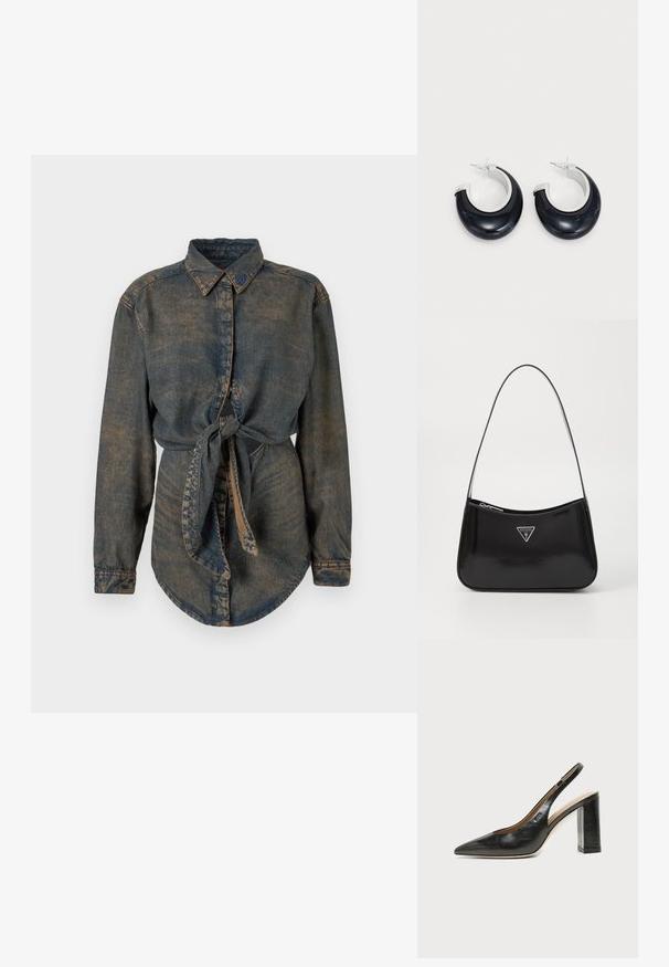 Camisa de mezclilla de color azul oscuro con un acabado ligeramente desvanecido. Presenta un cuello puntiagudo, cierre de botones y un detalle anudado en la cintura.; Zapato slingback de piel negra con puntera puntiaguda, tacón alto y ancho, y forro interior beige sobre un fondo claro y liso.; Bolso de hombro de charol negro con forma curva, que presenta un logotipo triangular plateado y un cierre de cremallera. Textura suave y correa delgada.; Pendientes de aro de resina negra con acabado brillante y acentos de hardware en tono plateado. Forma circular con un corte y cierre a presión.